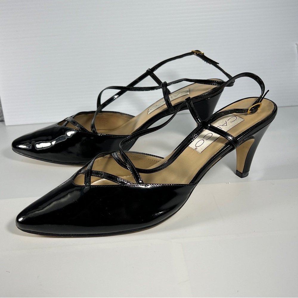 Vintage Calico Slingback Black Patent Leather Strappy Pump Size 9.5 M